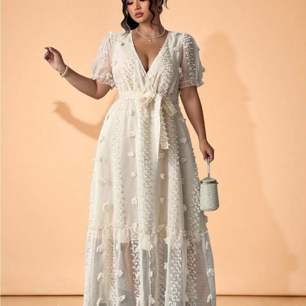 SHEIN Cream Floral Appliqué Maxi Dress with Tie Waist